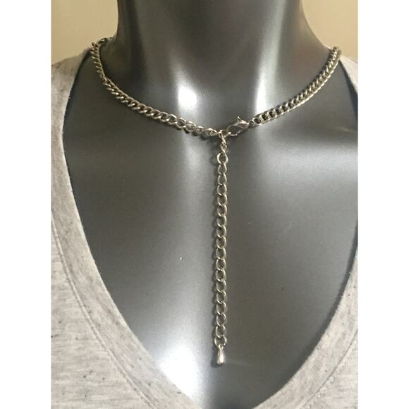 Black Ribboned Chain Necklace, Silver Tone Spikes, Rhinestones And Black Jewels - Picture 3 of 3